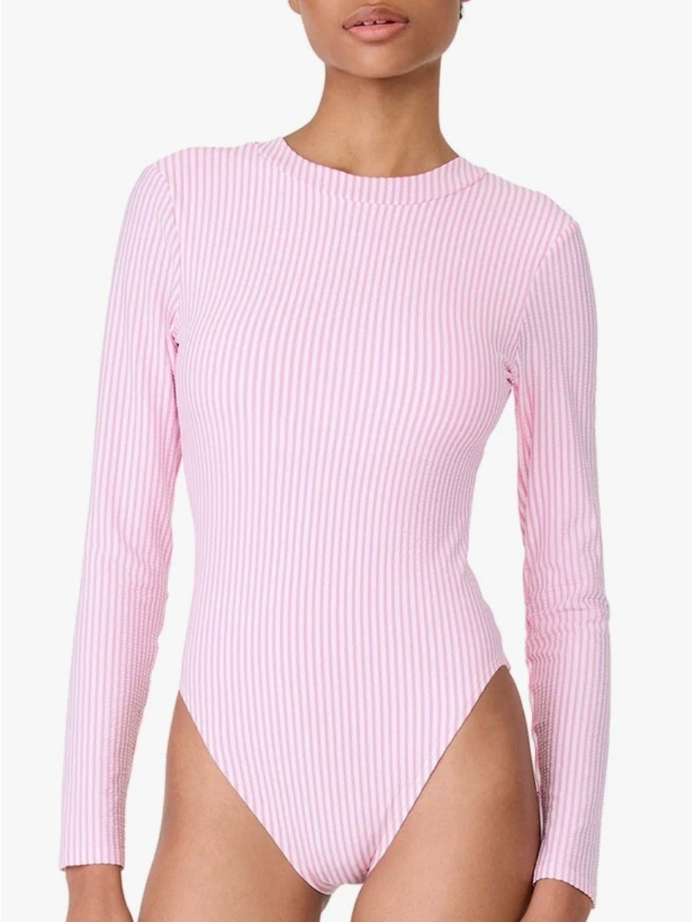 Kate Spade, NWTs Long-Sleeve seersucker Ribbed Pink bathing suit sz Large